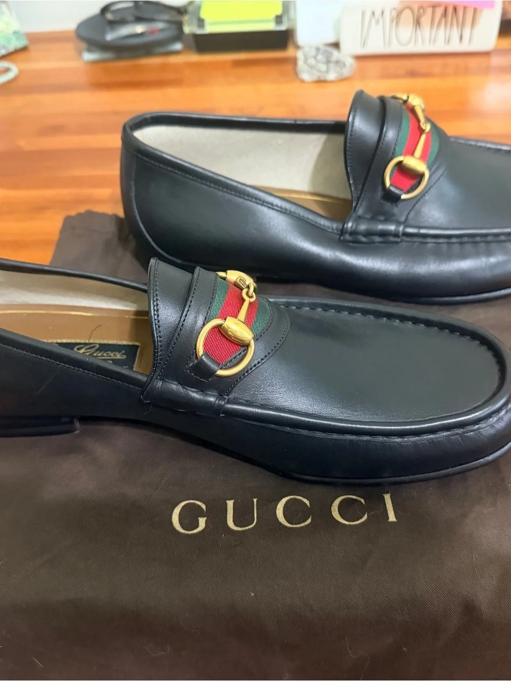 Gucci Black Leather Como Loafers with Red-Green Web & Gold Horsebit